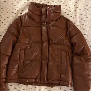 Brown Leather Puffer Jacket